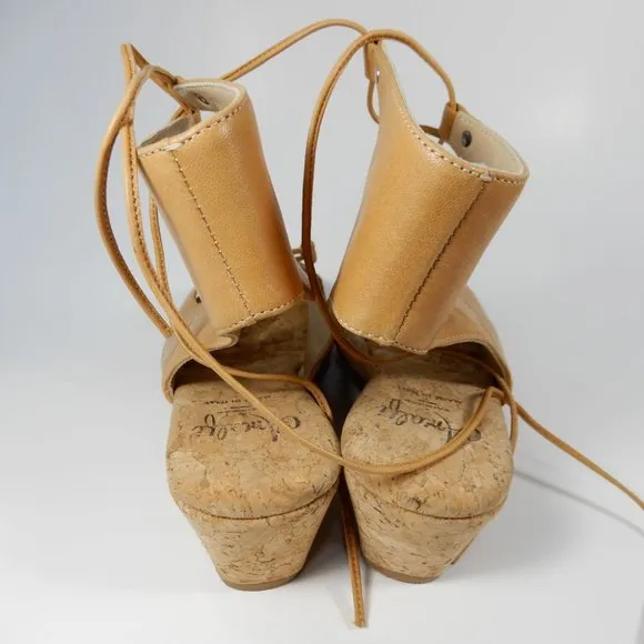 AMALFI by RANGONI Morata Cork Wedge Cage SANDALS Size 7 Sabbia Tan Leather NEW