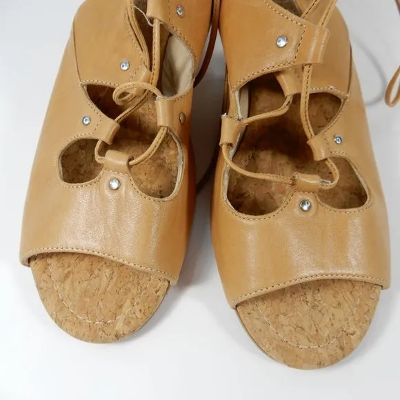 AMALFI by RANGONI Morata Cork Wedge Cage SANDALS Size 7 Sabbia Tan Leather NEW