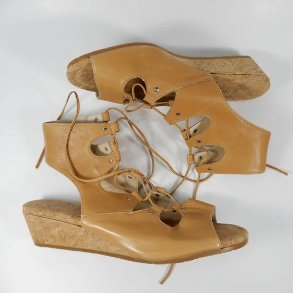 AMALFI by RANGONI Morata Cork Wedge Cage SANDALS Size 7 Sabbia Tan Leather NEW