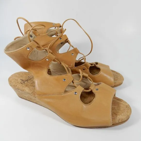 AMALFI by RANGONI Morata Cork Wedge Cage SANDALS Size 7 Sabbia Tan Leather NEW