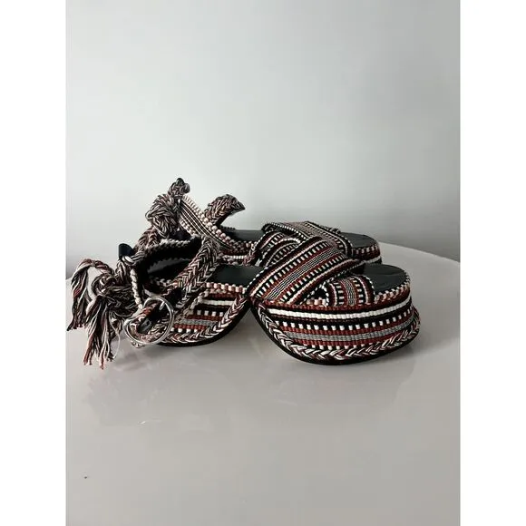 Amambaih NEW Beatriz High Platform Sandals‎ Woven Cognac Brown $436 38