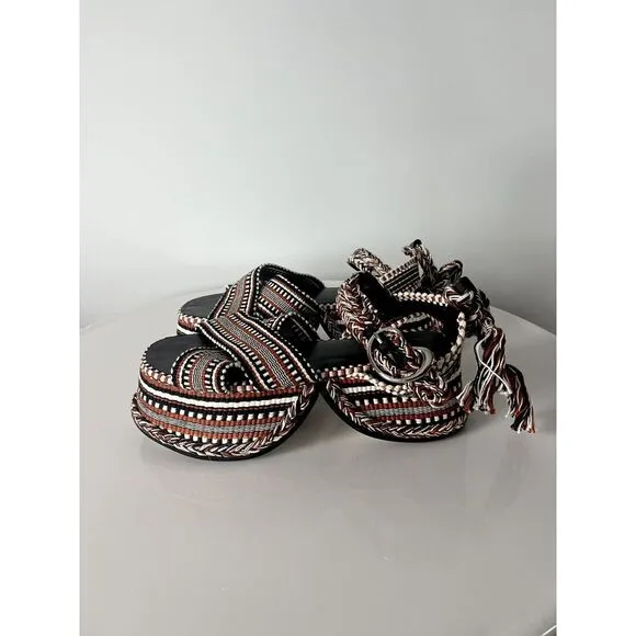 Amambaih NEW Beatriz High Platform Sandals‎ Woven Cognac Brown $436 38