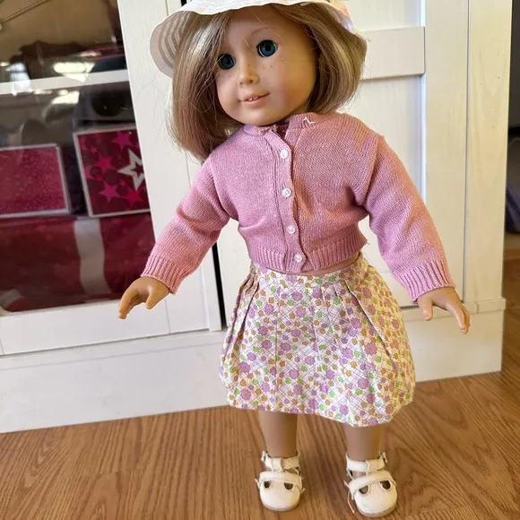 American Girl Doll in Pink Cardigan and Floral Skirt