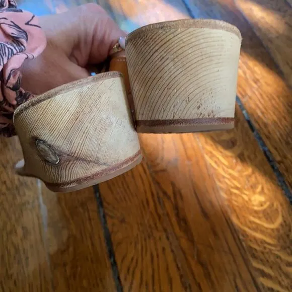 Ancient Greek wood wedge leather sandals size 5.5