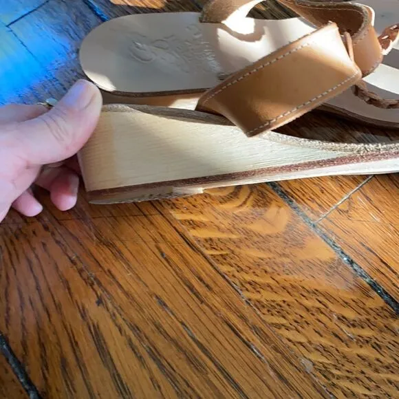 Ancient Greek wood wedge leather sandals size 5.5