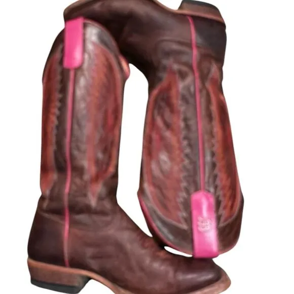 Anderson Bean Women’s Size 6B Brown Leather Western Boots with Pink and Orange