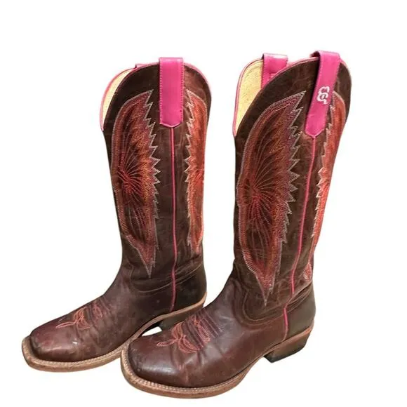 Anderson Bean Women’s Size 6B Brown Leather Western Boots with Pink and Orange