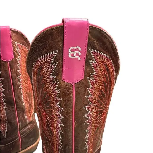 Anderson Bean Women’s Size 6B Brown Leather Western Boots with Pink and Orange