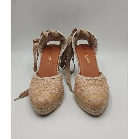 ANDRE Assous Womens Espadrilles Wedge Sandals Beige Wrap Around High Tie 8.5 New