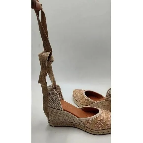 ANDRE Assous Womens Espadrilles Wedge Sandals Beige Wrap Around High Tie 8.5 New