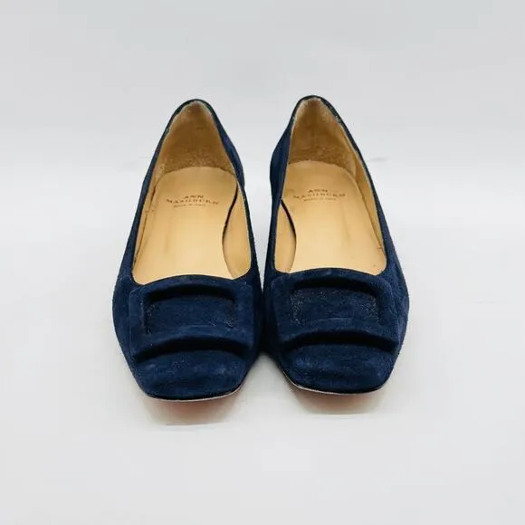 Ann Mashburn Shoes Womens 36.5 US 6 Blue Suede Buckle Kitten Heel Quiet Luxury