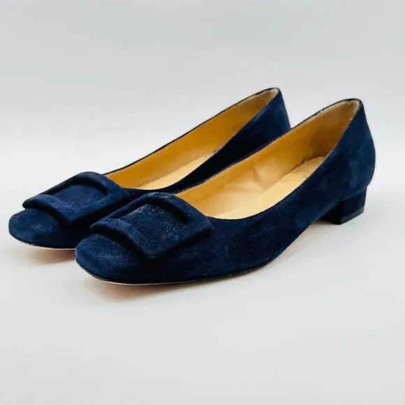 Ann Mashburn Shoes Womens 36.5 US 6 Blue Suede Buckle Kitten Heel Quiet Luxury