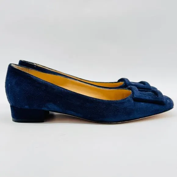 Ann Mashburn Shoes Womens 36.5 US 6 Blue Suede Buckle Kitten Heel Quiet Luxury