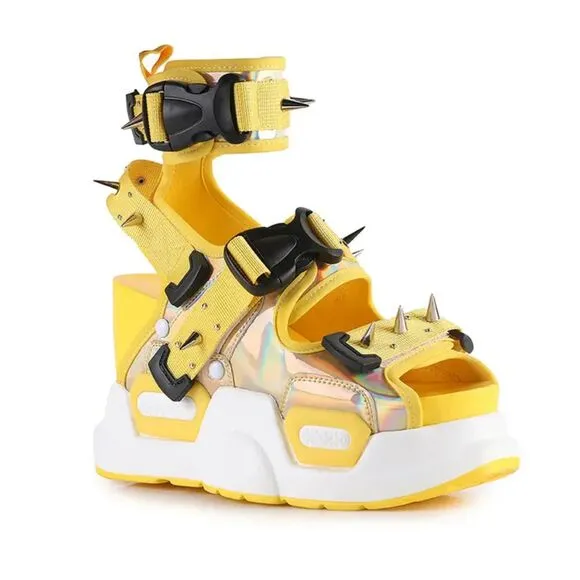 Anthony Wang Punk Spiked Gold Holo Graphic Women's Platform Sandals