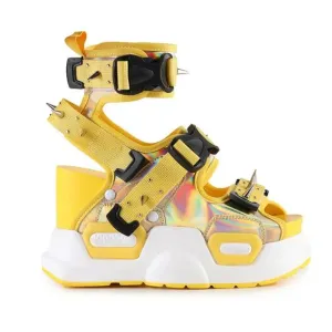Anthony Wang Punk Spiked Gold Holo Graphic Women's Platform Sandals