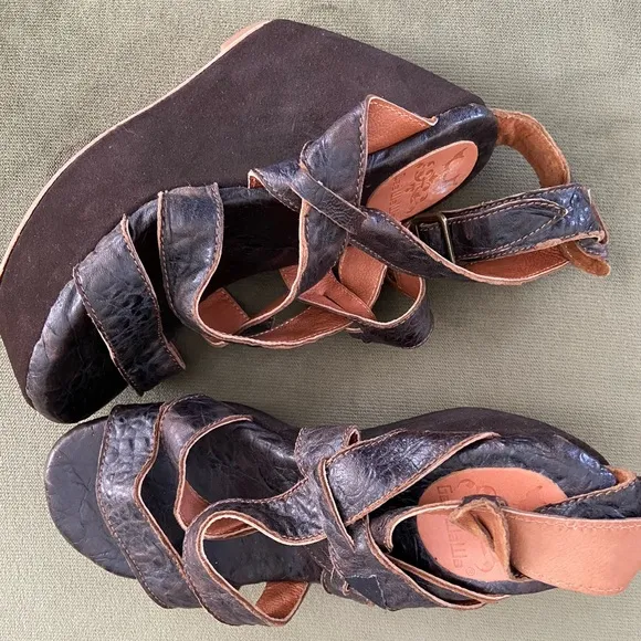 Anthropologie Gee WaWa Leather Platform Suede Wedge Shoes Sandals Women's Size 7