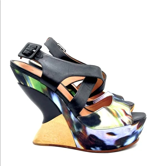 Anthropologie Leifsdottir Kivi Abstract Silk &amp; Leather Platform &amp; Wedge Sandals