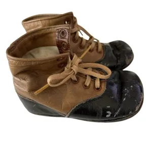 Antique Victorian Brown and Black Leather Lace up infant Baby Shoes As Is