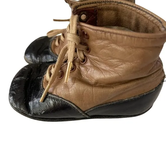 Antique Victorian Brown and Black Leather Lace up infant Baby Shoes As Is