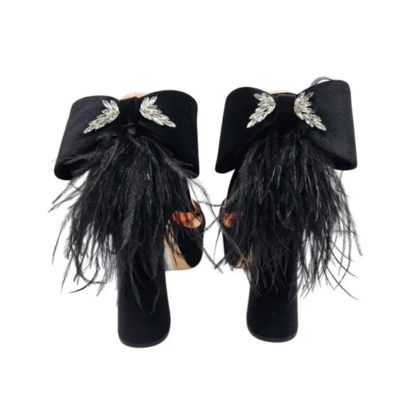Antonio Melani Platform Sandals Size 8.5 Black Velvet feathers Rhinestone 661