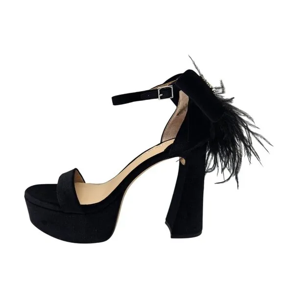 Antonio Melani Platform Sandals Size 8.5 Black Velvet feathers Rhinestone 661