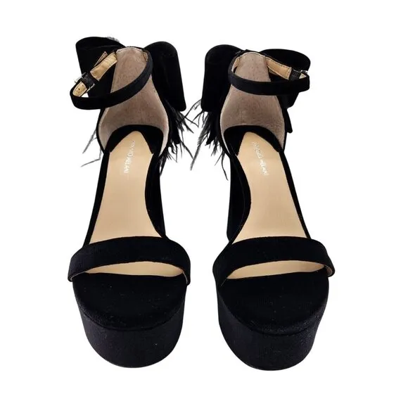 Antonio Melani Platform Sandals Size 8.5 Black Velvet feathers Rhinestone 661