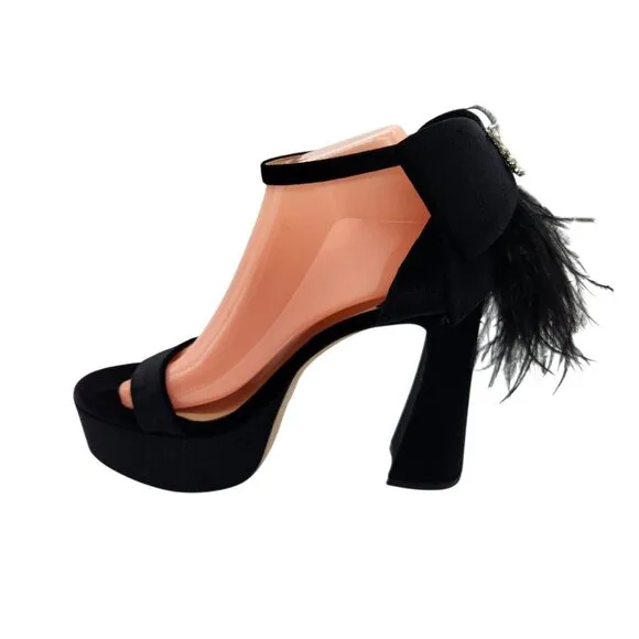 Antonio Melani Platform Sandals Size 8.5 Black Velvet feathers Rhinestone 661