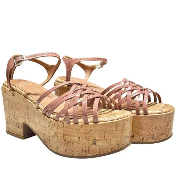 AQUATALIA Elene Patent Leather Strappy Caged Cork Platform Sandals Size 7.5