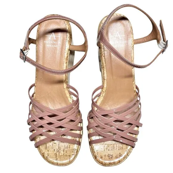AQUATALIA Elene Patent Leather Strappy Caged Cork Platform Sandals Size 7.5
