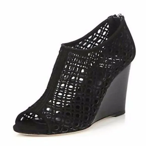 Aquatalia Shelly Black Suede Perforated Wedge