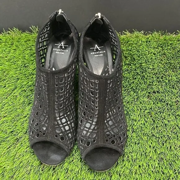 Aquatalia Shelly Black Suede Perforated Wedge