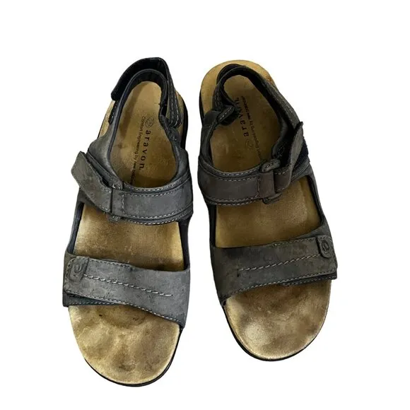 Aravon by New Balance Grey Leather Sandals Sz 8 D WSK03NV Open Toe &amp; Heel Shoes