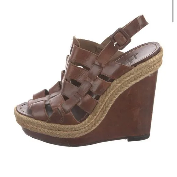Authentic CHRISTIAN LOUBOUTIN Brown Leather Platform Wedge Strappy Sandals Sz 37