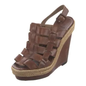Authentic CHRISTIAN LOUBOUTIN Brown Leather Platform Wedge Strappy Sandals Sz 37
