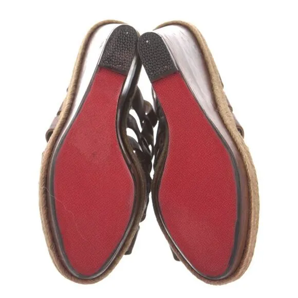Authentic CHRISTIAN LOUBOUTIN Brown Leather Platform Wedge Strappy Sandals Sz 37
