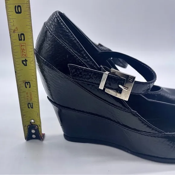 AUTHENTIC FENDI Black Leather Mary Jane Wedge Shoes Monogram Buckle 37.5…
