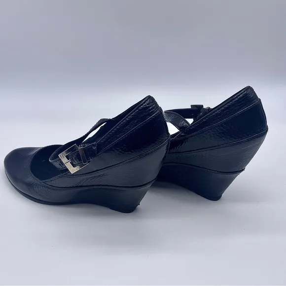 AUTHENTIC FENDI Black Leather Mary Jane Wedge Shoes Monogram Buckle 37.5…