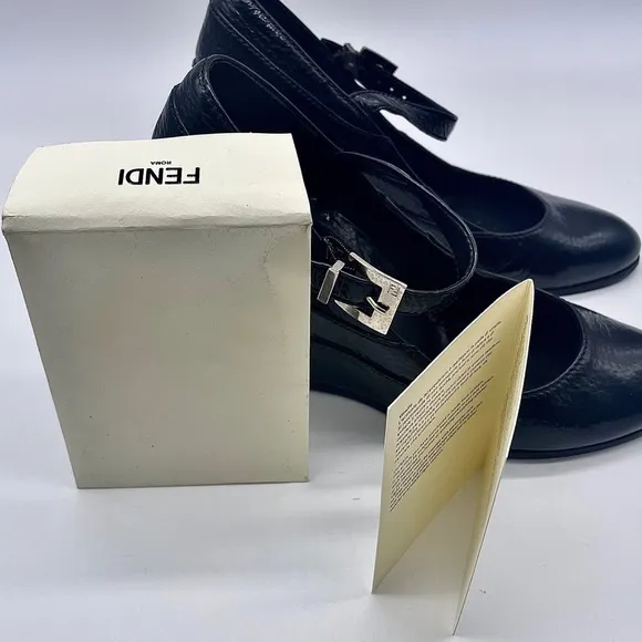 AUTHENTIC FENDI Black Leather Mary Jane Wedge Shoes Monogram Buckle 37.5…