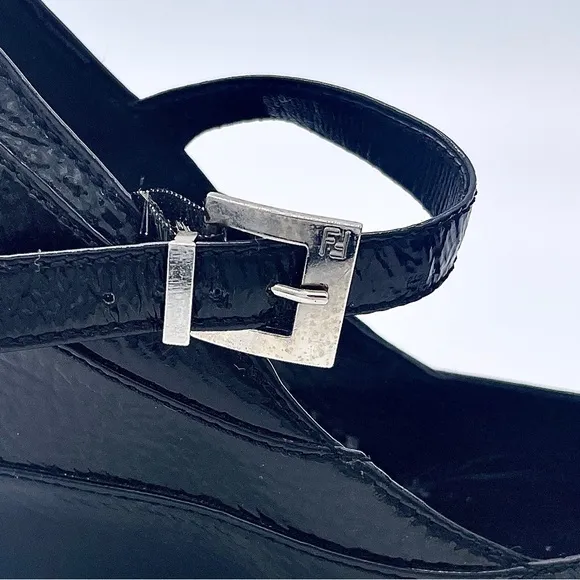 AUTHENTIC FENDI Black Leather Mary Jane Wedge Shoes Monogram Buckle 37.5…