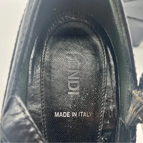AUTHENTIC FENDI Black Leather Mary Jane Wedge Shoes Monogram Buckle 37.5…