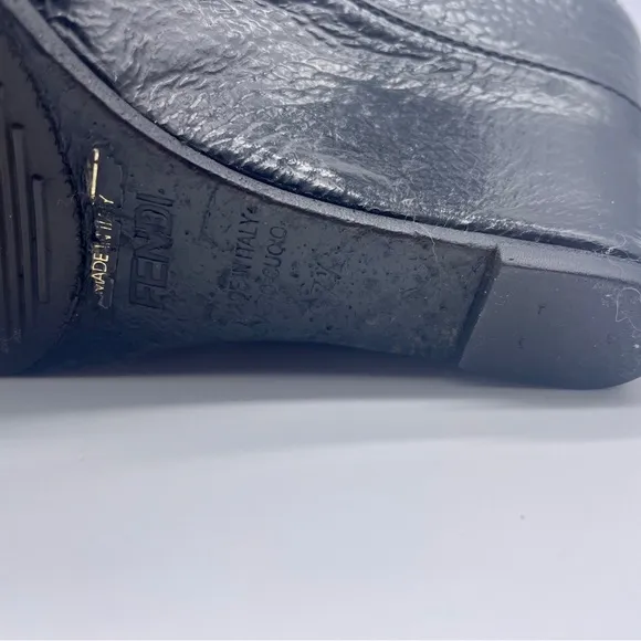 AUTHENTIC FENDI Black Leather Mary Jane Wedge Shoes Monogram Buckle 37.5…