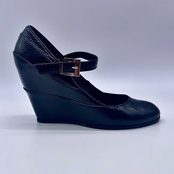 AUTHENTIC FENDI Black Leather Mary Jane Wedge Shoes Monogram Buckle 37.5…