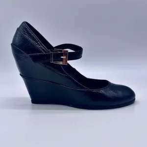 AUTHENTIC FENDI Black Leather Mary Jane Wedge Shoes Monogram Buckle 37.5…