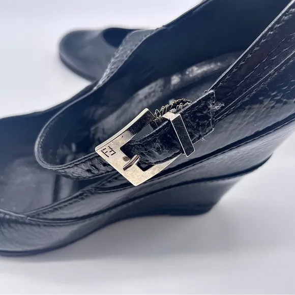 AUTHENTIC FENDI Black Leather Mary Jane Wedge Shoes Monogram Buckle 37.5…