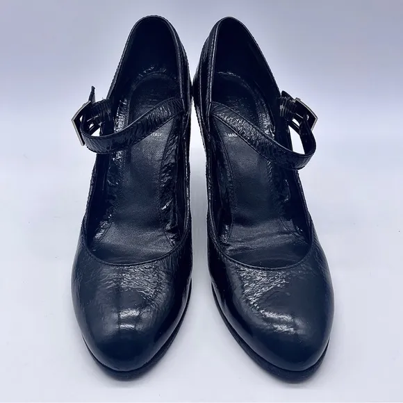 AUTHENTIC FENDI Black Leather Mary Jane Wedge Shoes Monogram Buckle 37.5…
