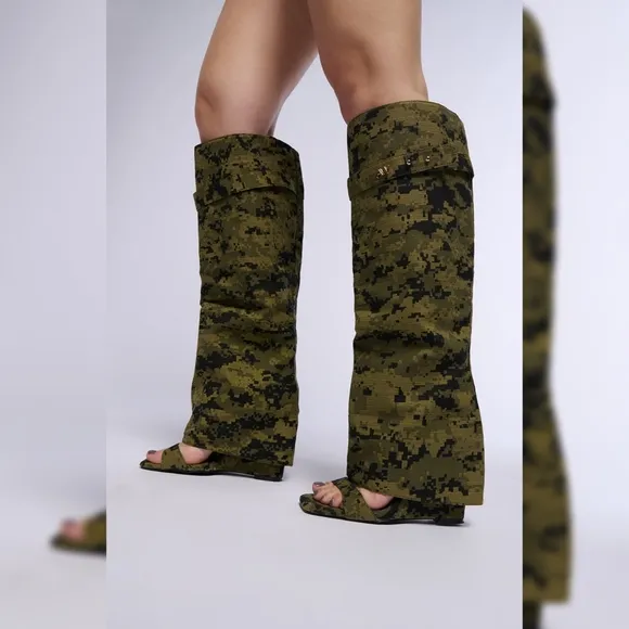 Azalea Wang Marietta Camo Knee-high Open Toed Wedge Shoes