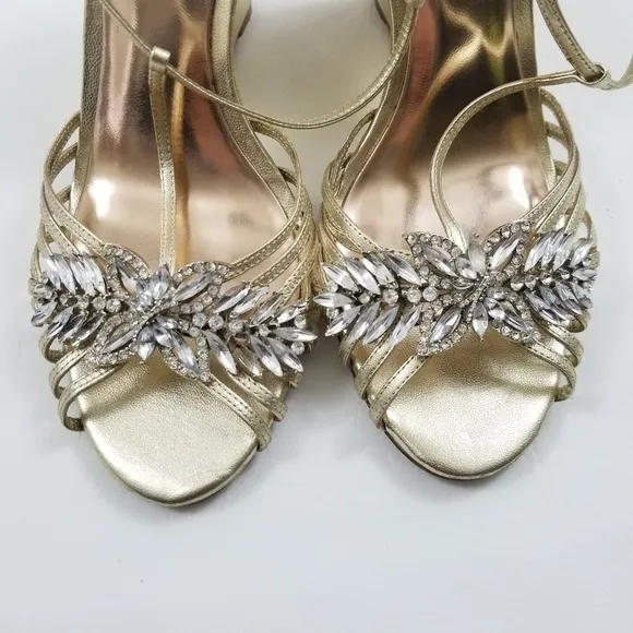 Badgley Mischka rhinestones gold strappy wedges