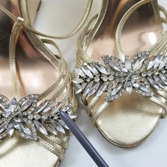 Badgley Mischka rhinestones gold strappy wedges