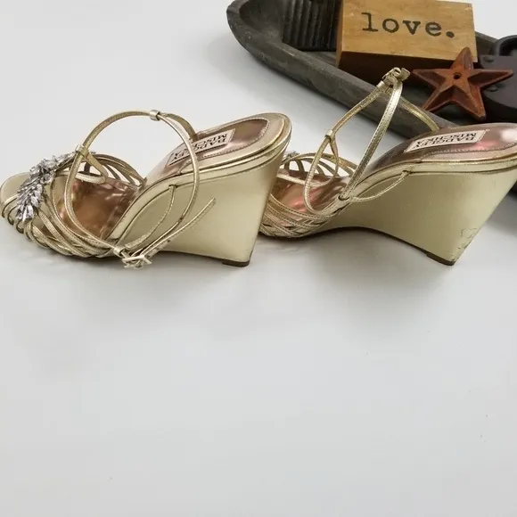 Badgley Mischka rhinestones gold strappy wedges