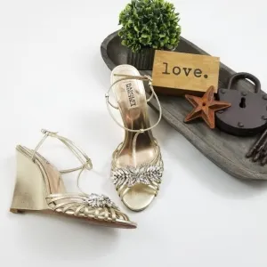 Badgley Mischka rhinestones gold strappy wedges